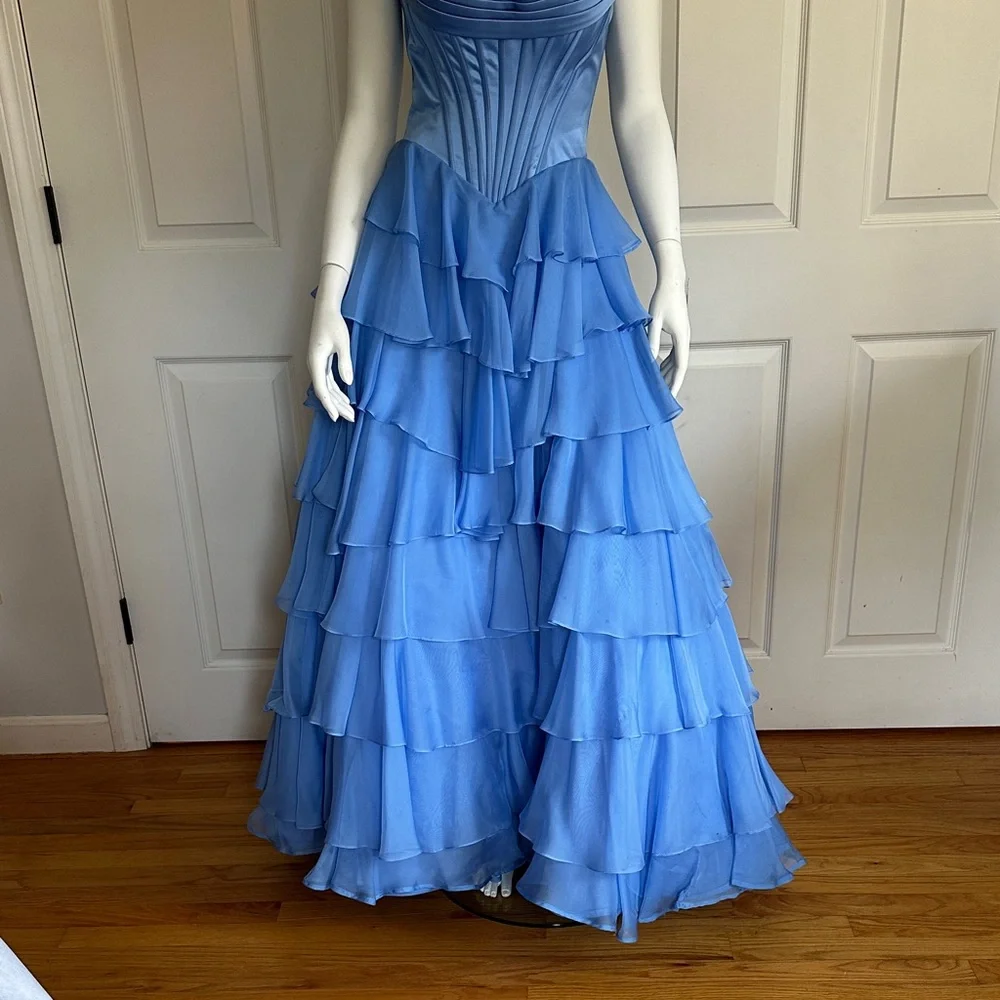 Sherri Hill Blue Ruffled Strapless Evening Gown Prom Dress worn once - Picture 2 of 10